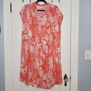 Coral Tropical Print Shirt Dress
